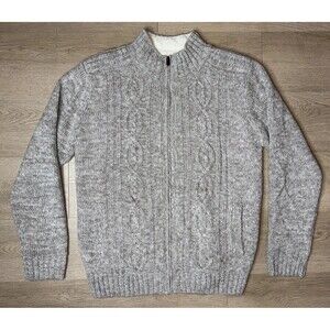 Amongst Others Mens Large Gray Cable Knit Full Zip Fleece Sherpa Lined Sweater L
